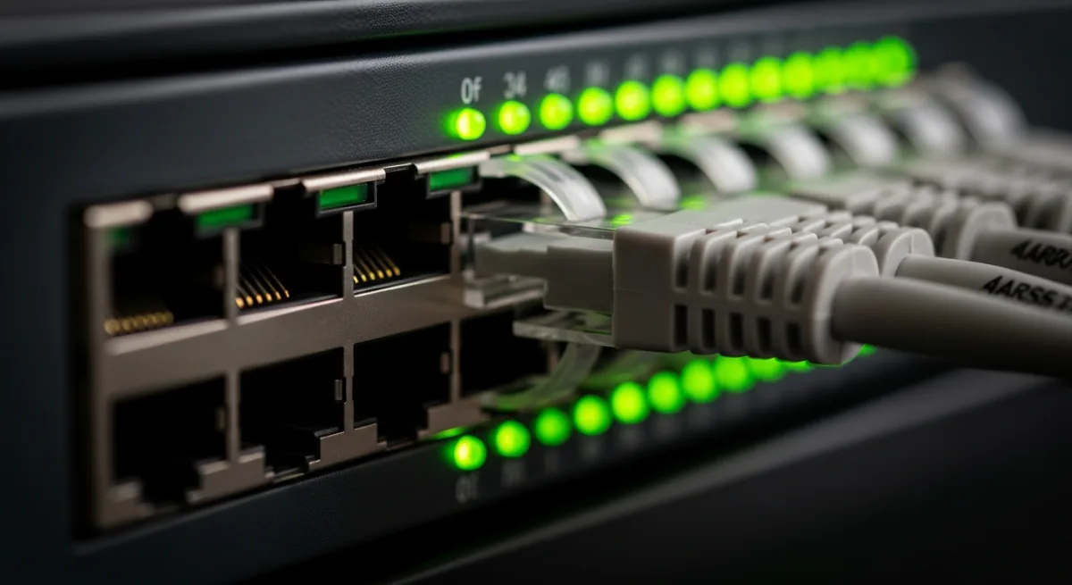 Ağ switchinde yeşil aktivite ışıkları ve ethernet kabloları